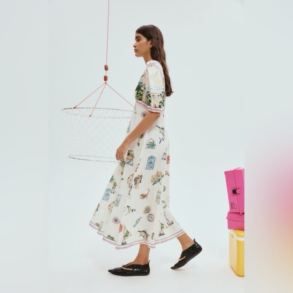 Alemais | Cream Midi Dress with Pastel Pink Trim and Tropical Print - sz 6 (us) - Picture 3 of 11